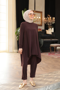 Paçası Lastik Detaylı Takım Kahverengi