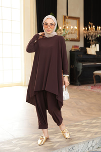 Paçası Lastik Detaylı Takım Kahverengi