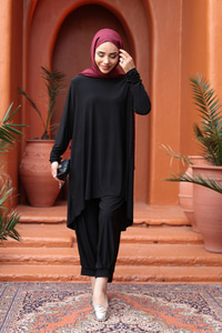 Paçası Lastik Detaylı Takım Siyah