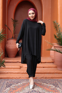 Paçası Lastik Detaylı Takım Siyah