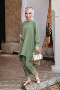 Paçası Lastik Detaylı Takım Yeşil