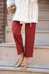 Paçası Parçalı Ham Pantolon Bordo