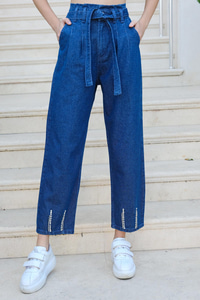 Paçası Taş Aksesuarlı Pantolon Koyu Mavi