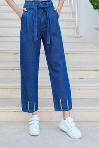 Paçası Taş Aksesuarlı Pantolon Koyu Mavi