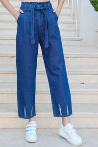 Paçası Taş Aksesuarlı Pantolon Koyu Mavi