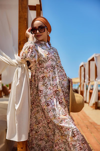 Palmiye Desen Elbise Kahverengi