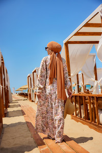 Palmiye Desen Elbise Kahverengi