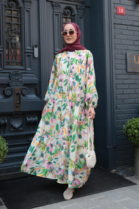 Palmiye Desenli Elbise Yeşil