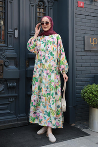 Palmiye Desenli Elbise Yeşil