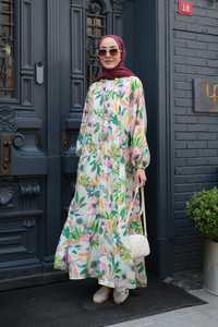 Palmiye Desenli Elbise Yeşil