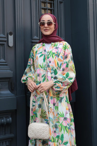 Palmiye Desenli Elbise Yeşil