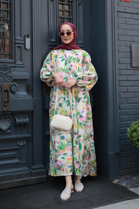 Palmiye Desenli Elbise Yeşil