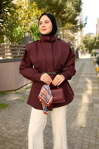 Palt Pensli Apoletli Kısa Trenç Bordo