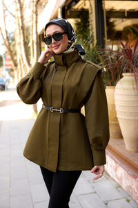 Palt Pensli Apoletli Kısa Trenç Haki Yeşil