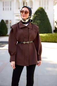 Palt Pensli Apoletli Kısa Trenç Kahverengi