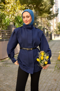 Palt Pensli Apoletli Kısa Trenç Lacivert