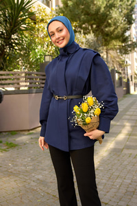 Palt Pensli Apoletli Kısa Trenç Lacivert