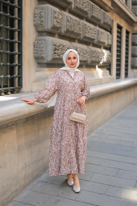 Papatya Desenli Elbise Açık Kahve