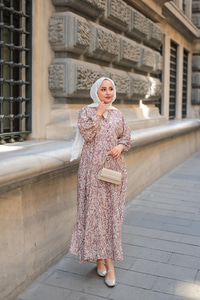 Papatya Desenli Elbise Açık Kahve