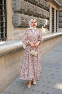 Papatya Desenli Elbise Açık Kahve