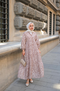 Papatya Desenli Elbise Açık Kahve