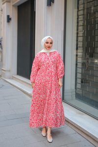 Papatya Desenli Elbise Kırmızı