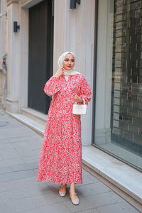 Papatya Desenli Elbise Kırmızı