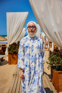 Papatya Desenli Elbise Mavi