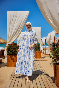 Papatya Desenli Elbise Mavi