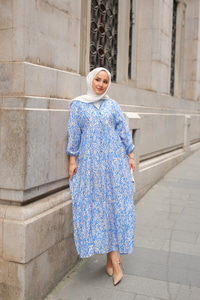 Papatya Desenli Elbise Mavi