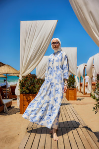 Papatya Desenli Elbise Mavi