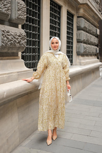 Papatya Desenli Elbise Yağ Yeşil