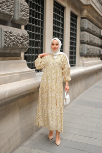 Papatya Desenli Elbise Yağ Yeşil