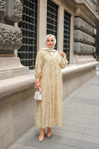 Papatya Desenli Elbise Yağ Yeşil