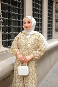 Papatya Desenli Elbise Yağ Yeşil