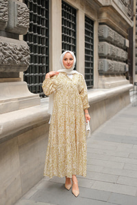 Papatya Desenli Elbise Yağ Yeşil