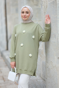 Papatya Nakışlı Tunik Haki Yeşil