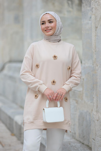 Papatya Nakışlı Tunik Krem