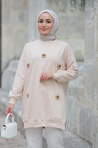 Papatya Nakışlı Tunik Krem