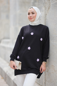 Papatya Nakışlı Tunik Siyah