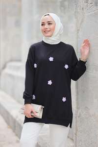 Papatya Nakışlı Tunik Siyah