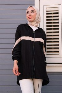 Paraşüt Detaylı Kapüşonlu Hırka Siyah