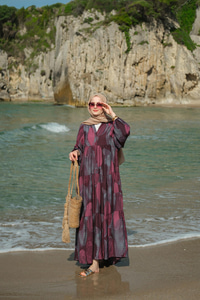 Parça Desenli Elbise Bordo