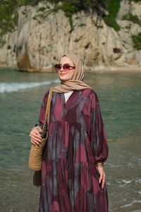 Parça Desenli Elbise Bordo