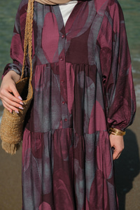 Parça Desenli Elbise Bordo