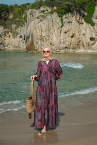 Parça Desenli Elbise Bordo