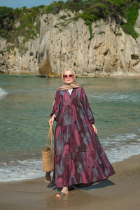 Parça Desenli Elbise Bordo