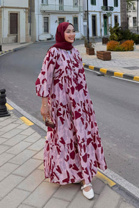 Parça Desenli Elbise Fuşya