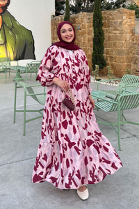 Parça Desenli Elbise Fuşya