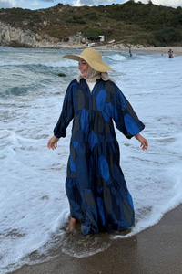 Parça Desenli Elbise Saks Mavi